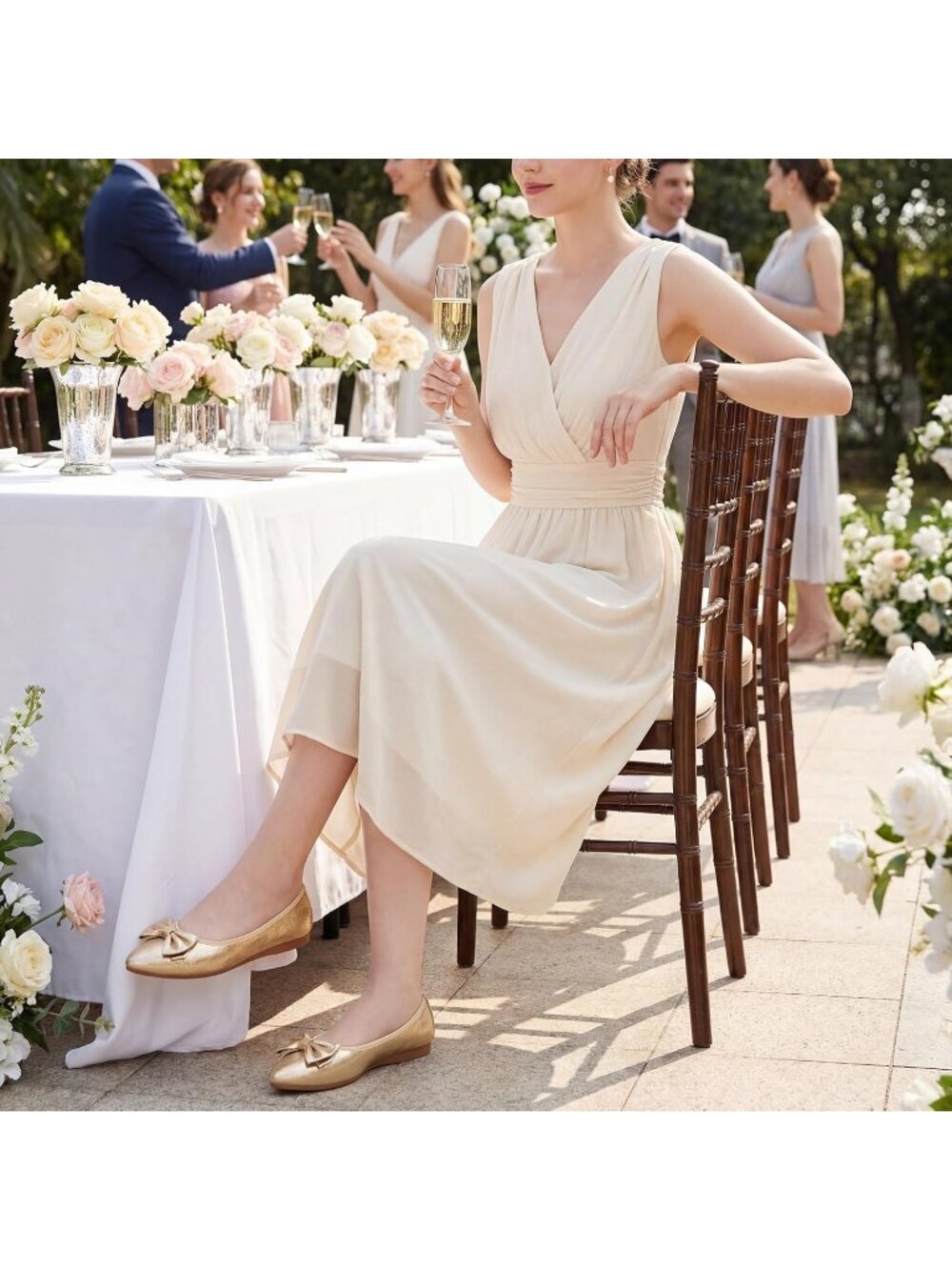 Women's Gold Ballet Flat Fordable Slip On Shoes Bow Knot Pointed Toe Loafers - Picture 2 of 6